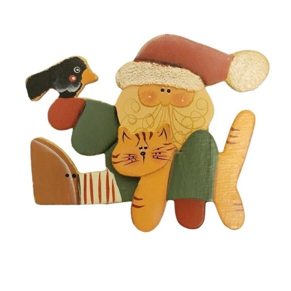80s Santa Brooch Wood Christmas - Picture 1 of 5